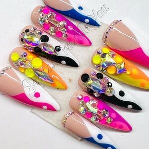 Neon Gem Stiletto Press-On Nails – Multicolor Pink, Yellow & Black